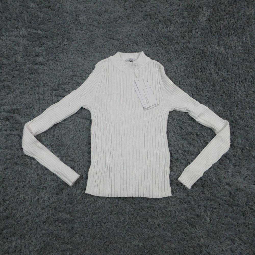 Bershka Sweater Womens M White Ribbed Mock Neck Tight-Knit Slim Pullover NWT